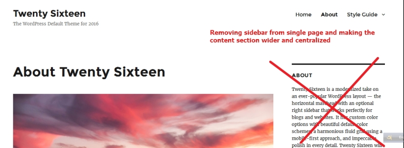 twenty sixteen theme page sidebar remove