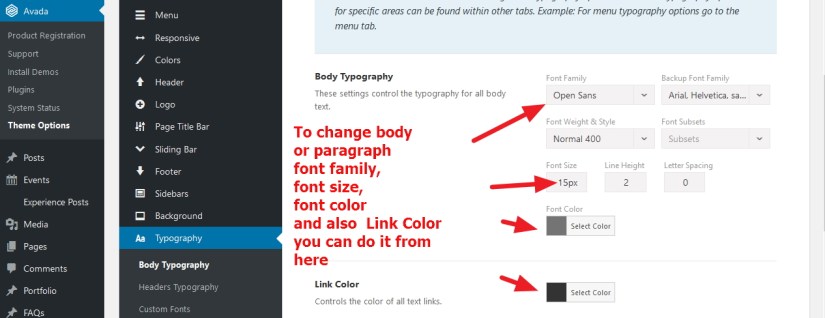 avada theme body and links font style change