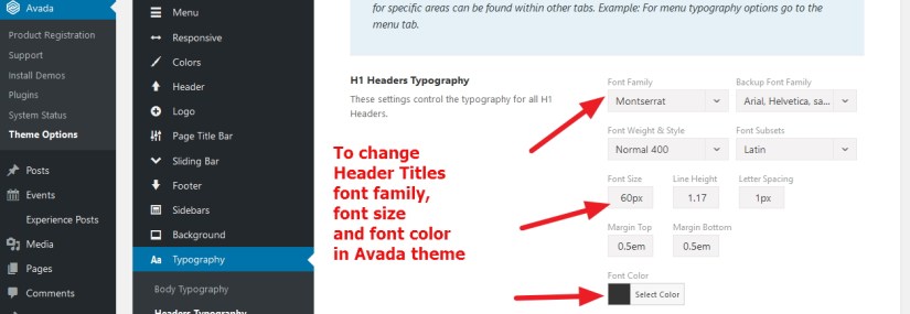 avada theme header titles font style change