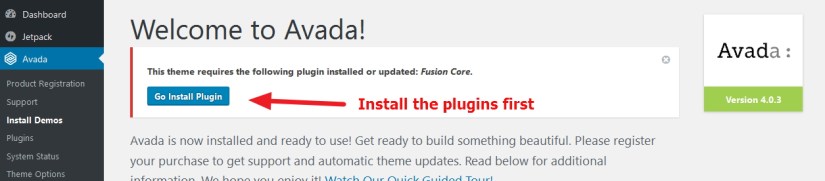 avada theme plugins installation