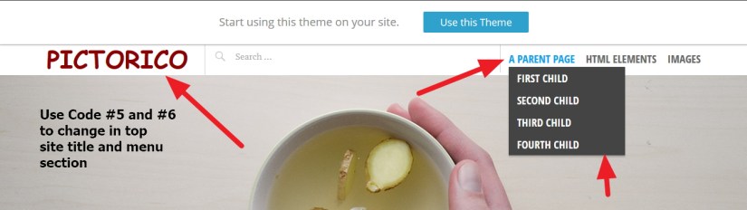 pictorico by automattic site title and menu modifications