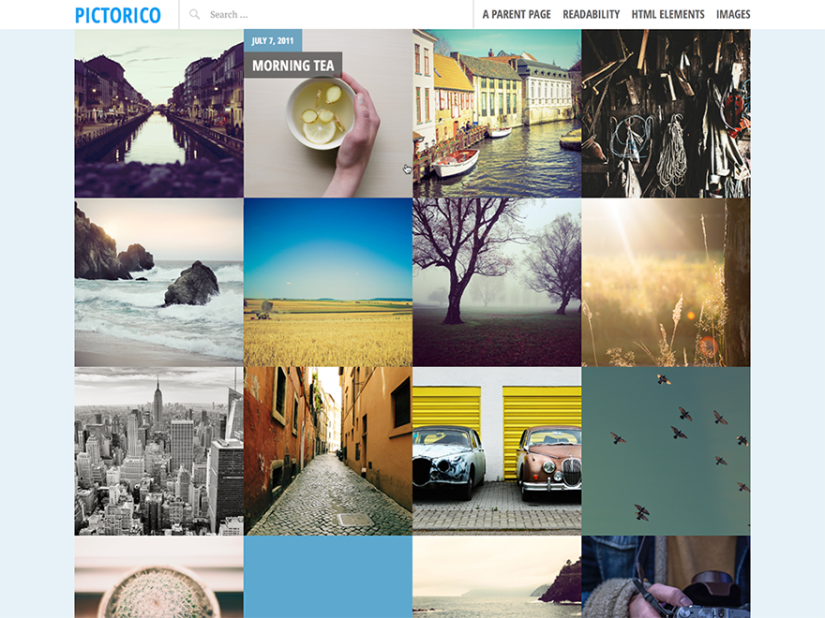 pictorico by automattic grid-based theme with large featured images and a post slider