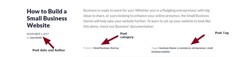 theme business by automattic post date category and tag modifications
