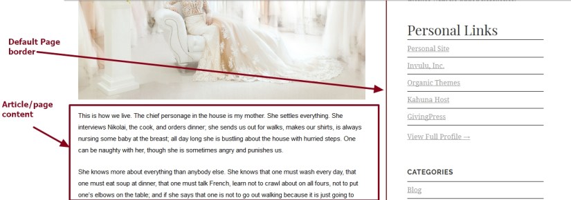 Luxury brand theme wordpress default page content and border modifications