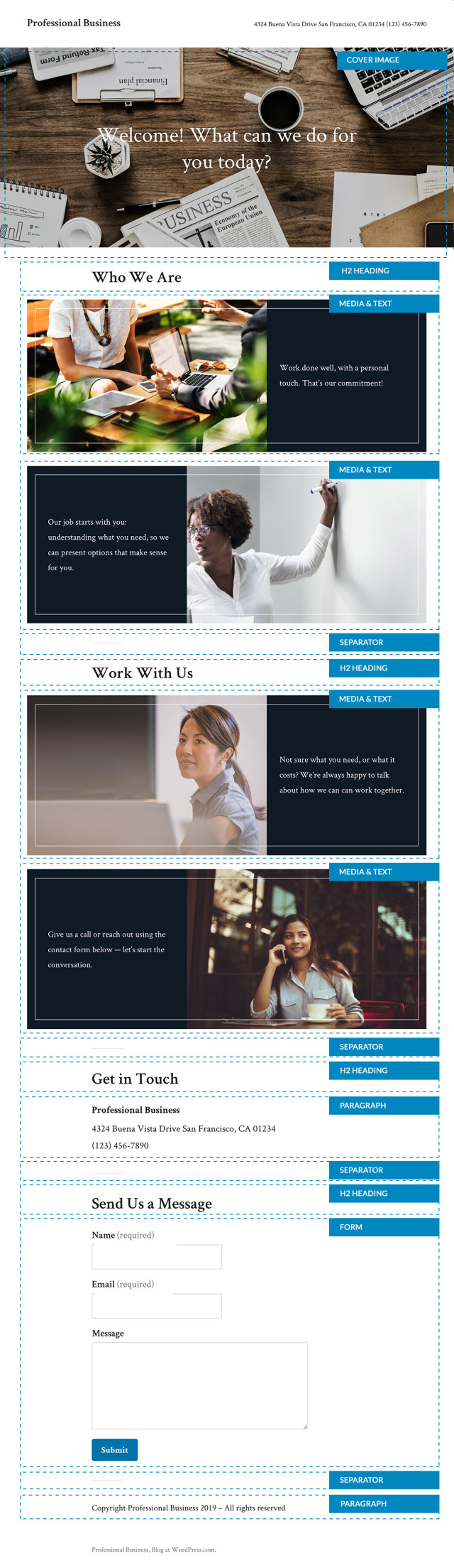 Wordpress Twenty Nineteen (2019) child theme to create Free Professional Business Website