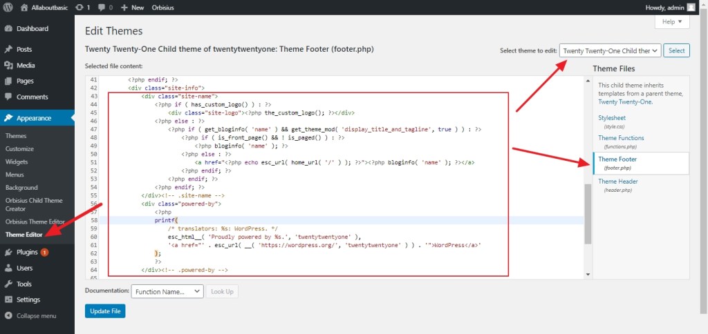 wordpress theme twenty twenty-one footer site name and powered by info
