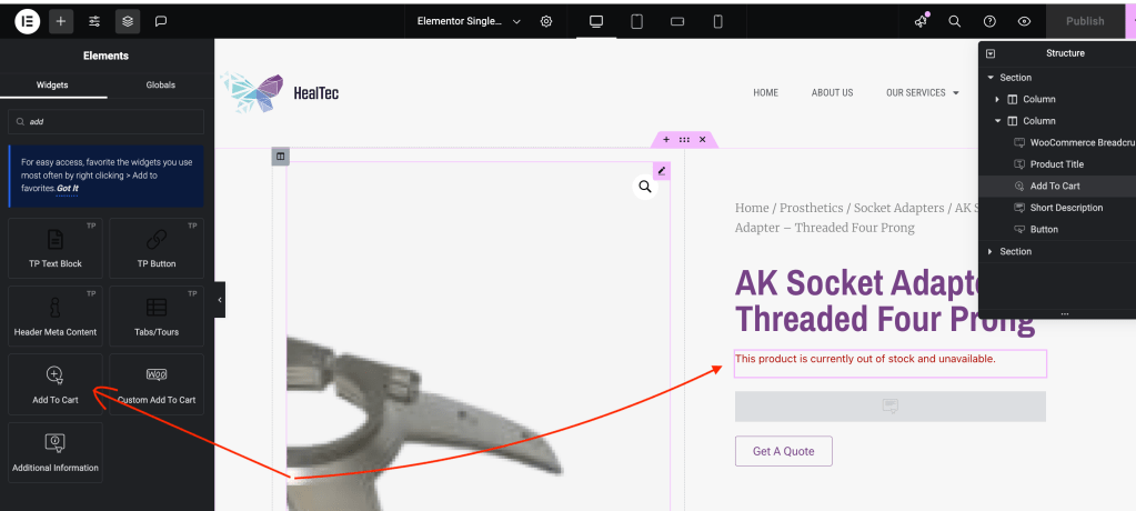 showing product variation in elementor