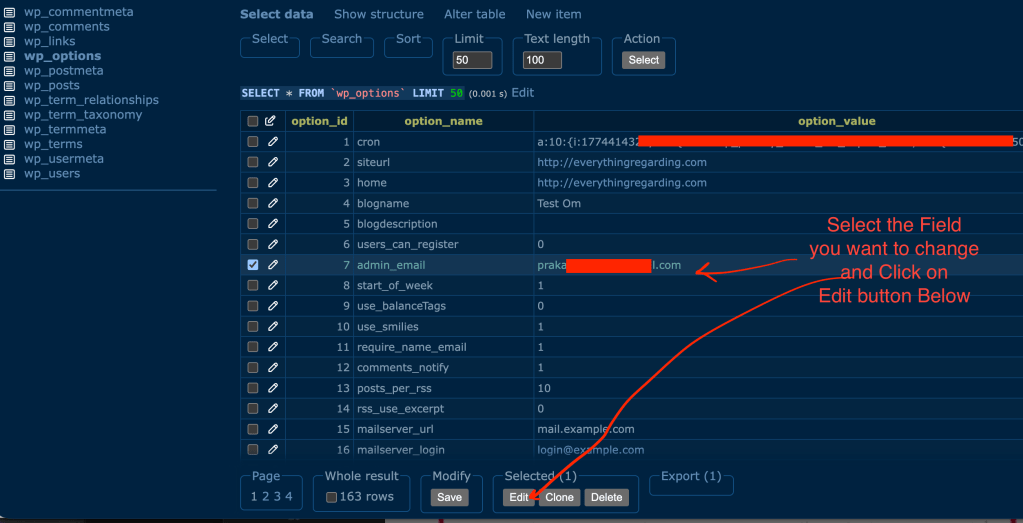 select admin_email and click on edit to change it 