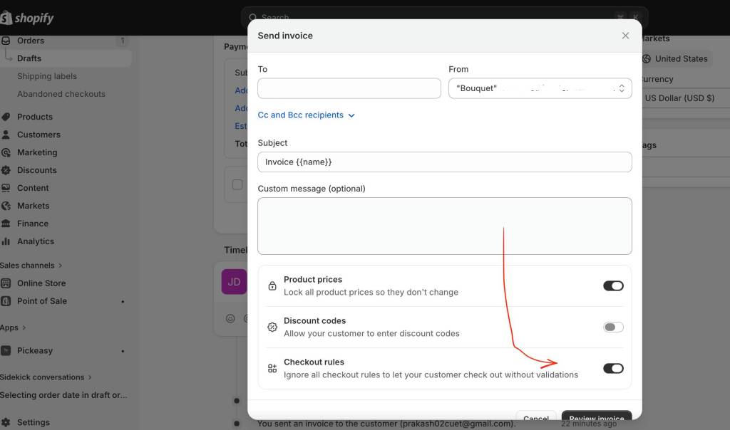 shopify send invoice manually without cart rules