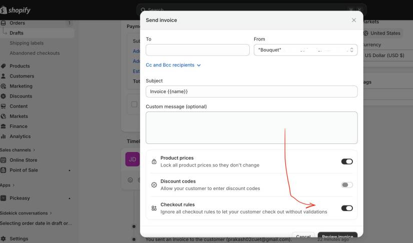 shopify send invoice manually without cart rules