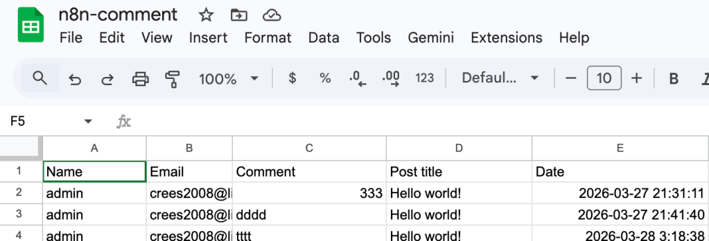 wordpress post comments saved in google sheets